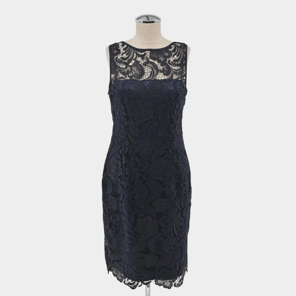 Adrianna Papell Dresses & Skirts - Adrianna Papell Lace Sheath Dress Womens Size 6 Navy Blue Floral Cocktail Party
